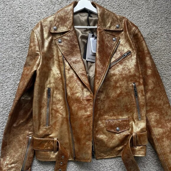 Palm Angels City Leather Gold Laminated Biker Jacket - Size 50 IT / US L
